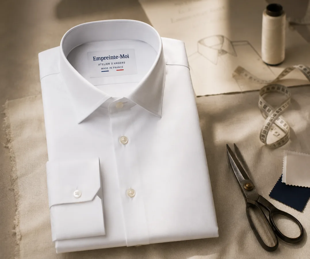 Chemise blanche pliée portant l'étiquette Empreinte-Moi « Atelier d'Angers, Made in France », posée près de ciseaux de tailleur et d'un mètre ruban