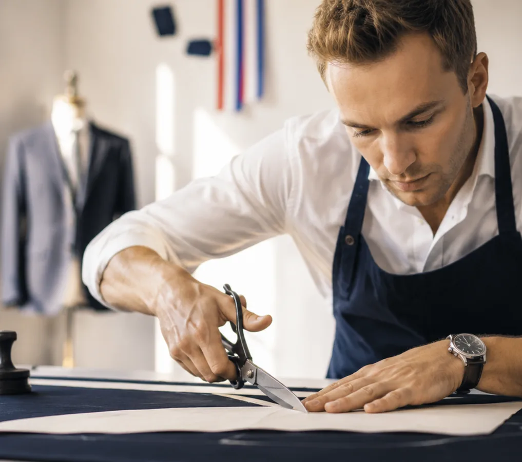 Artisan coupant un tissu bleu marine aux ciseaux de tailleur, en suivant le tracé du patron