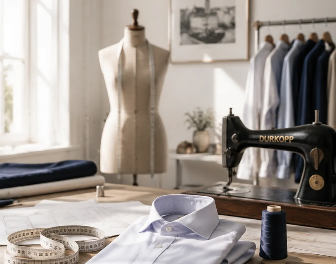 Couturier assemblant à la main une pièce de tissu bleu marine dans l'atelier