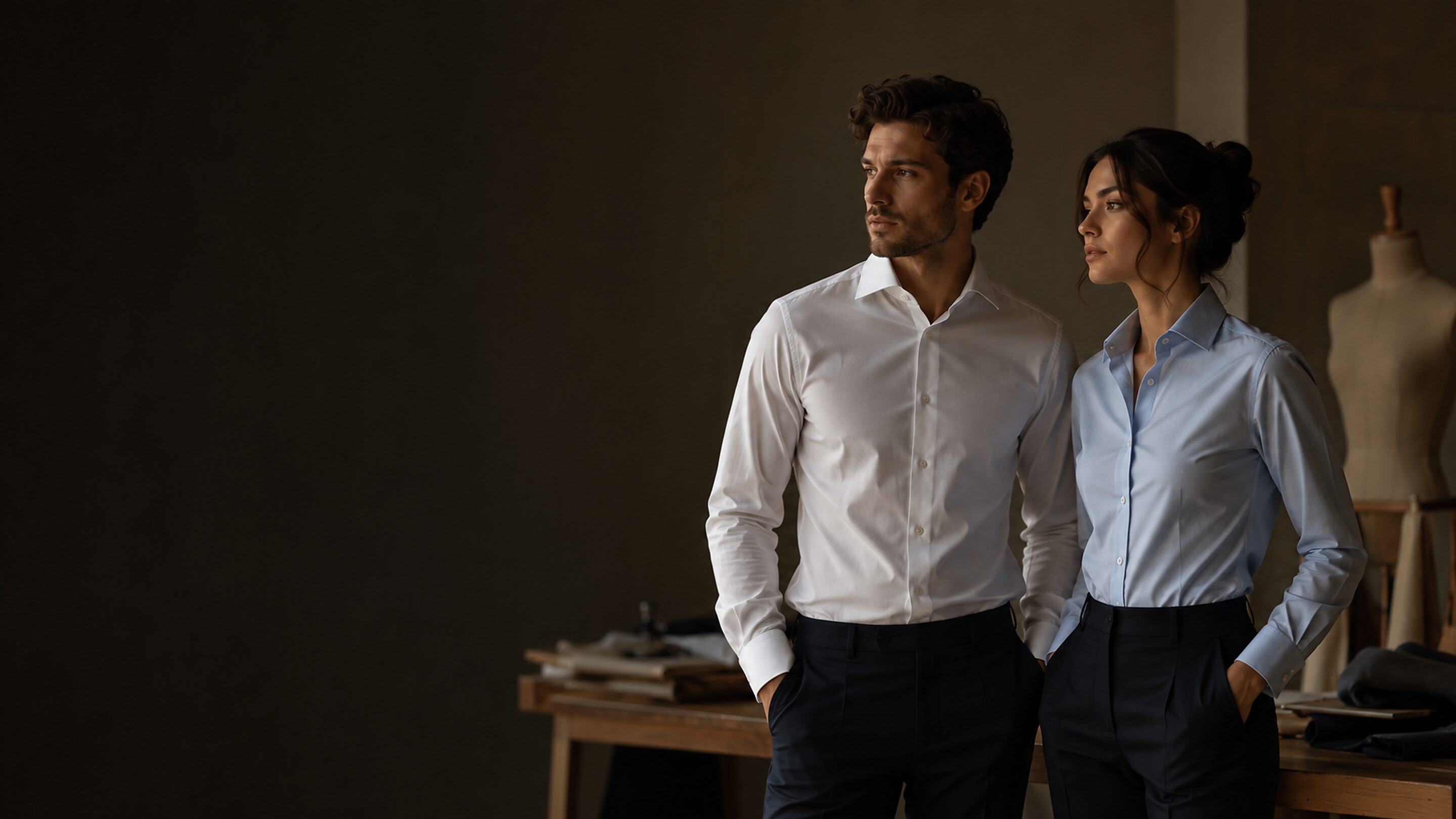 Un homme et une femme portant des chemises sur-mesure à manches longues dans un atelier de couture